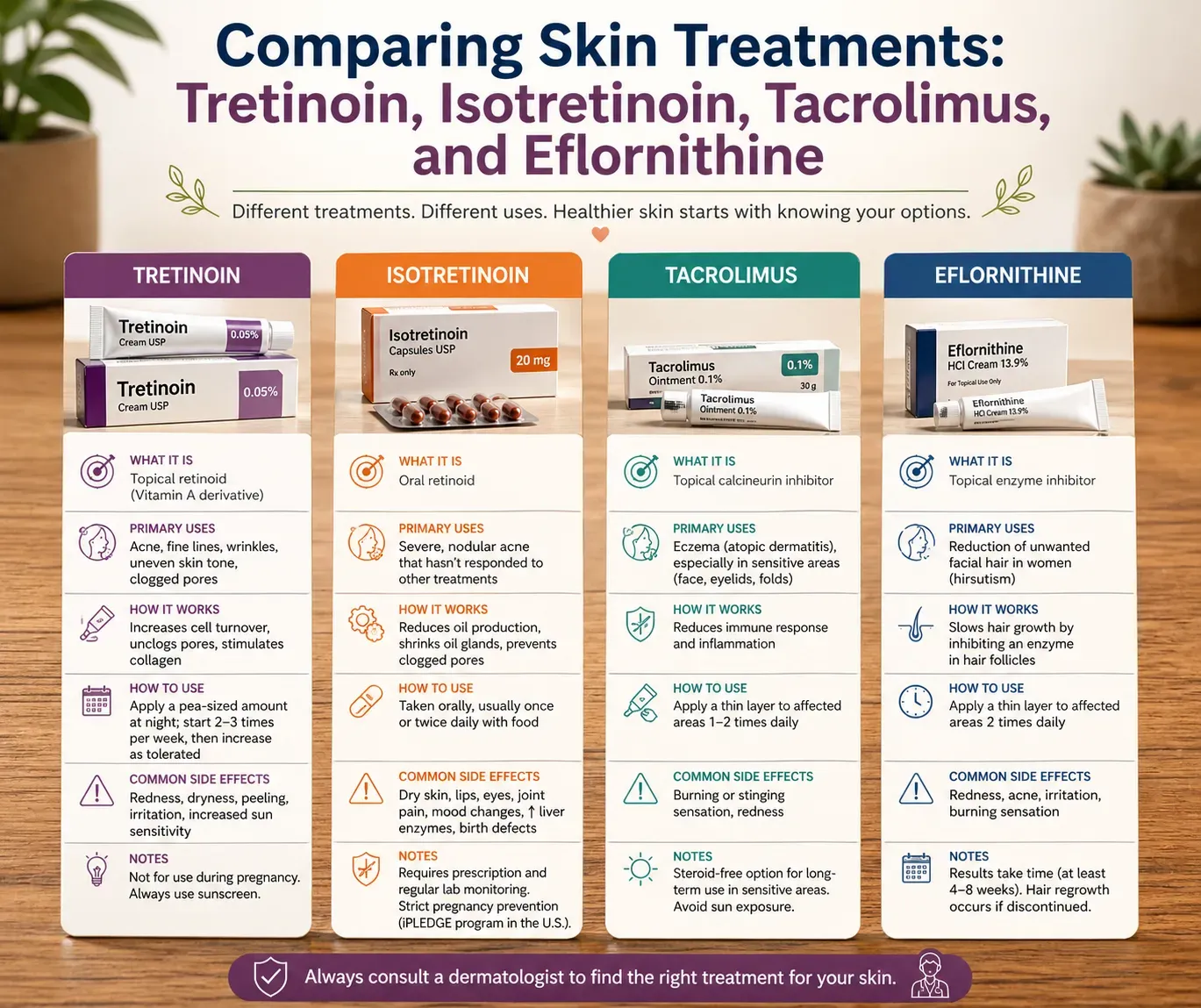 Illustration comparing topical tretinoin, oral isotretinoin, tacrolimus ointment and eflornithine cream