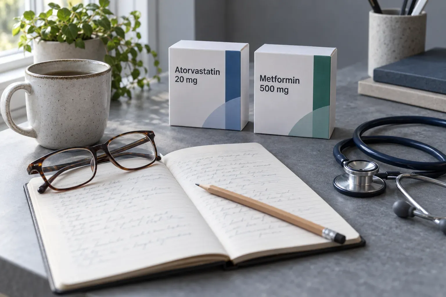 A desk with a notebook, reading glasses, a stethoscope and two medicine cartons