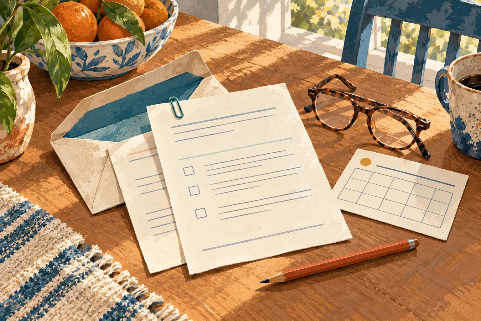 AI-generated gouache illustration of follow-up test forms, an appointment card, glasses and a pencil on a table.