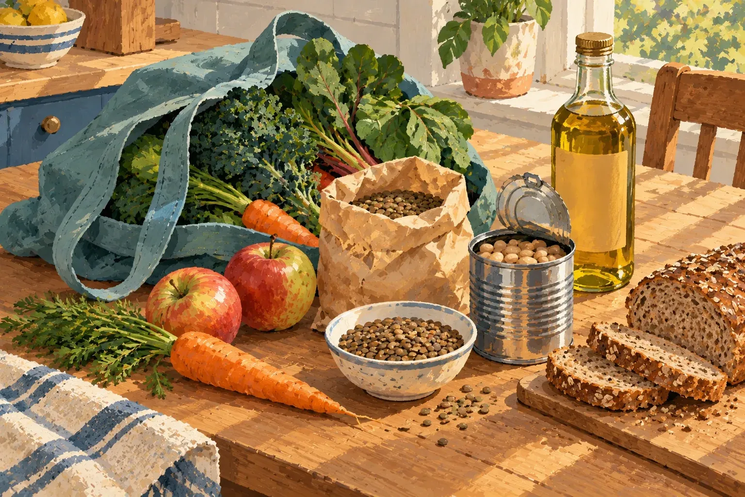 AI-generated gouache illustration of a shopping bag with beans, lentils, fruit, vegetables, wholegrain bread and cooking oil.