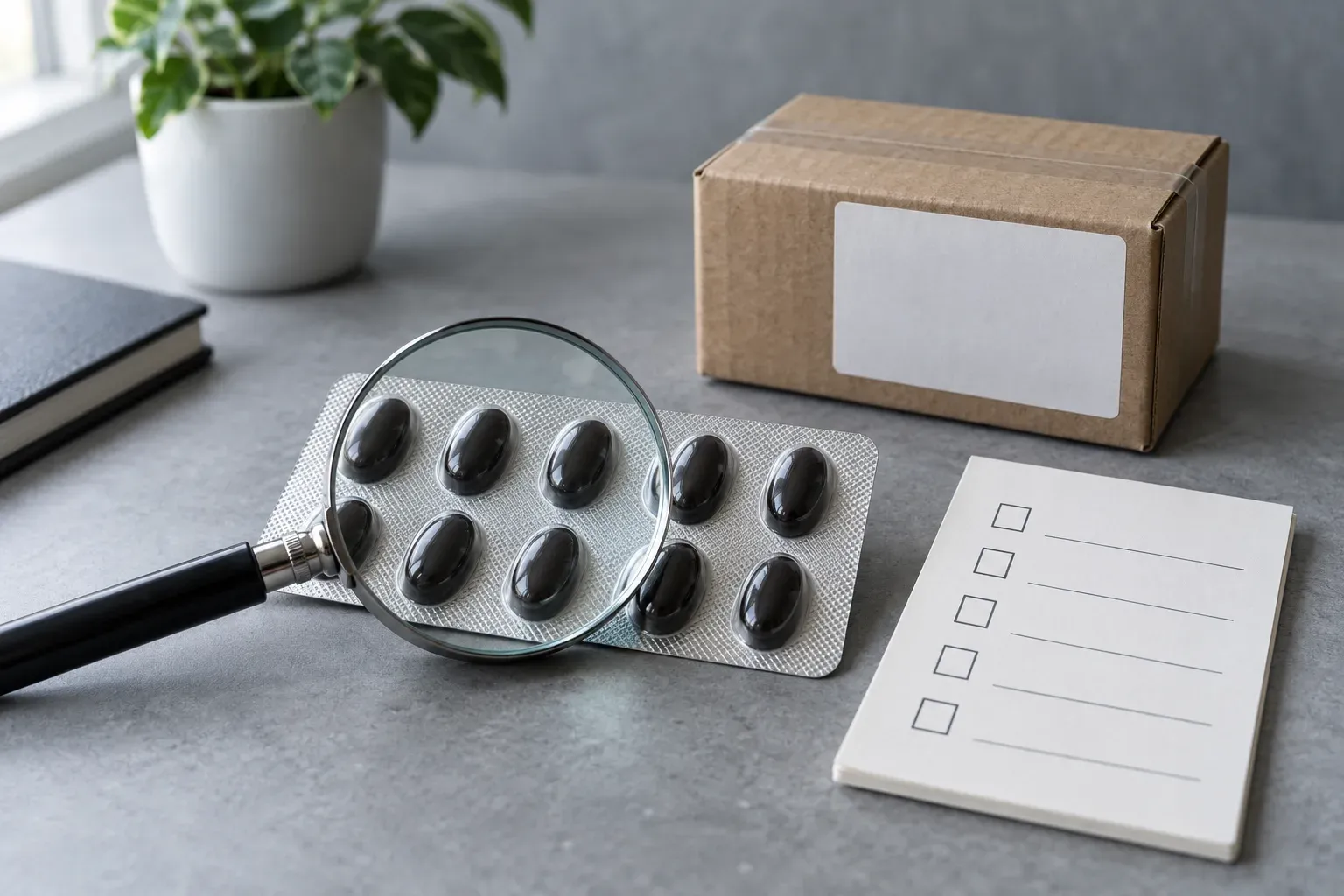 AI-generated image: an unmarked blister strip of dark tablets under a magnifying glass, beside a plain parcel and a blank checklist
