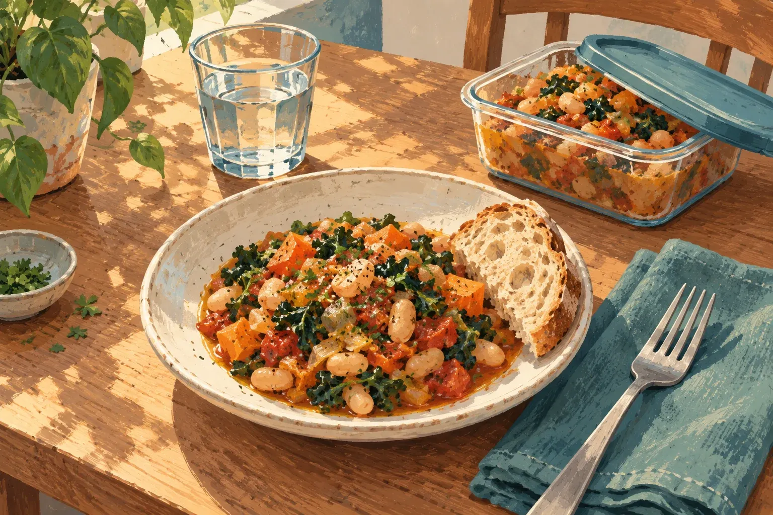 AI-generated gouache illustration of a meal, a portion saved in a container and a glass of water.