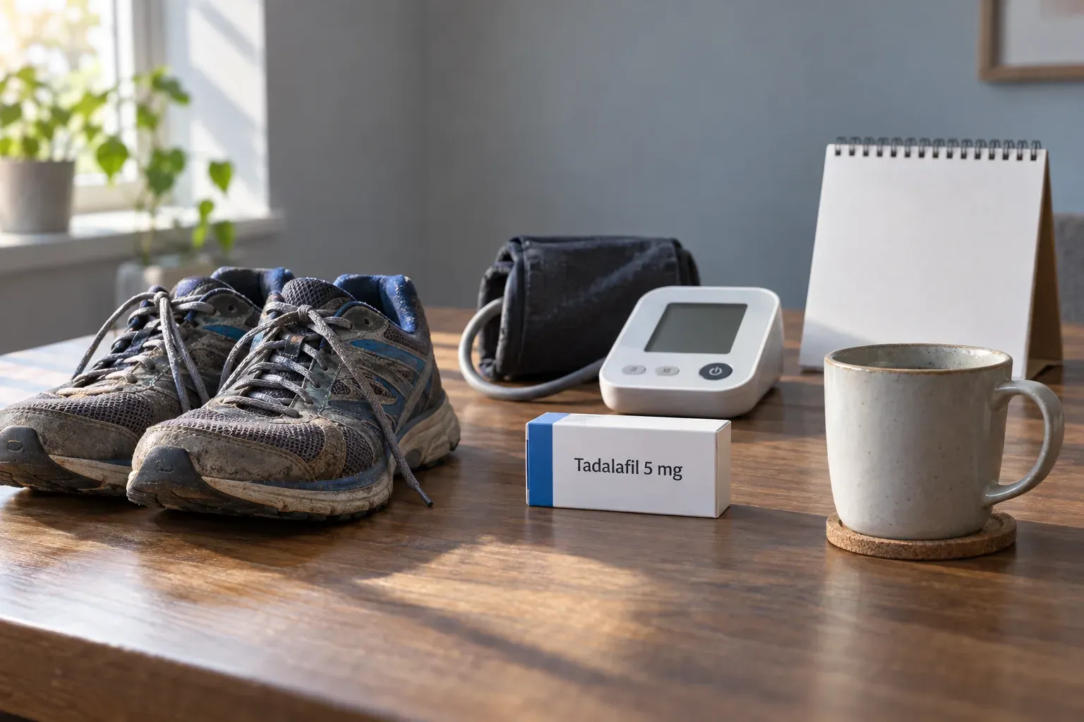 AI-generated image: running shoes, a blood pressure monitor, a blank desk calendar, a mug and a pack of tadalafil tablets on a wooden table