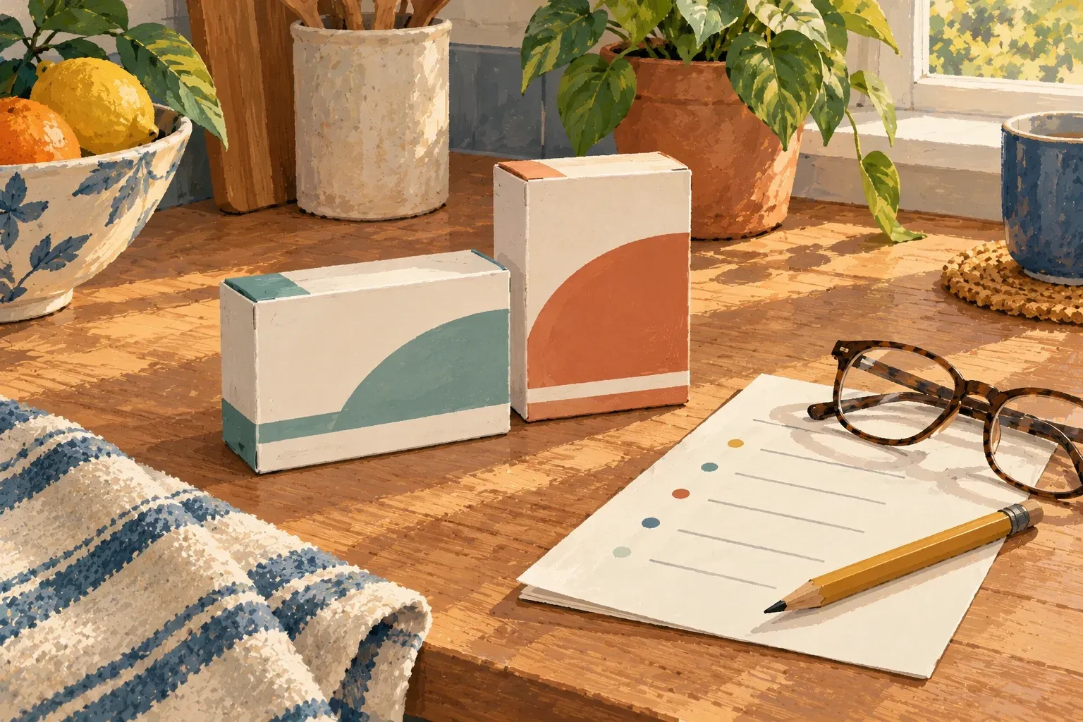 AI-generated gouache illustration of two generic medicine boxes beside a medicine list, glasses and a pencil.