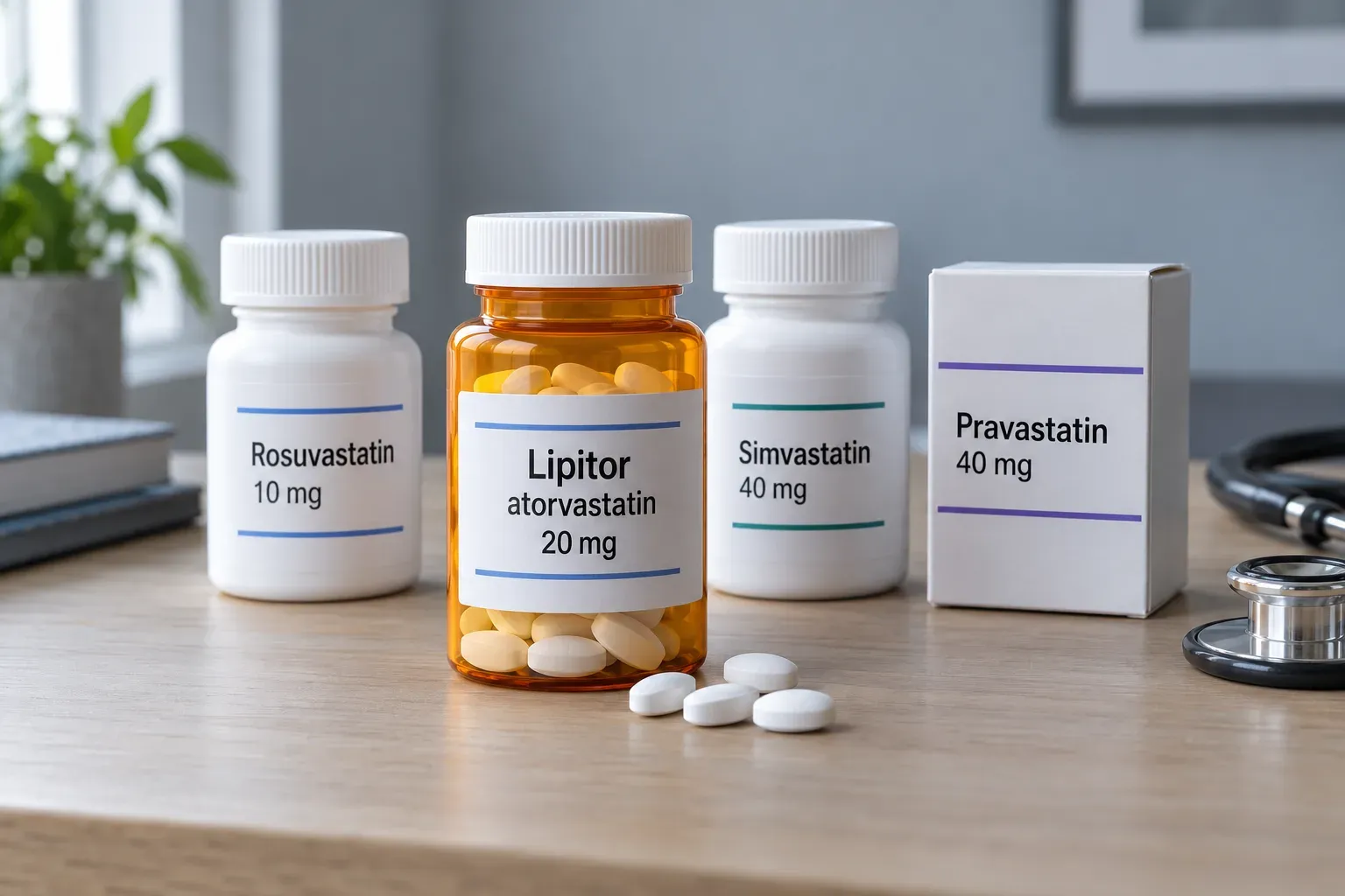 AI-generated image: four statin medicines (Lipitor, rosuvastatin, simvastatin and pravastatin) beside a stethoscope