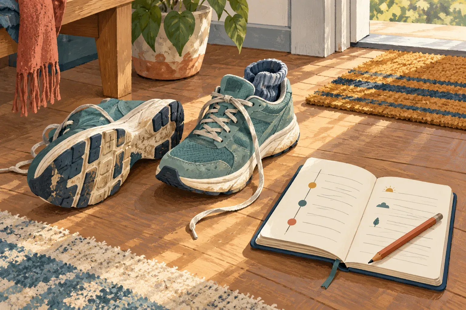 AI-generated gouache illustration of walking shoes beside an open notebook and pencil.