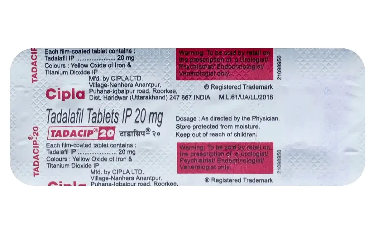 The back of a Tadacip 20 mg foil blister strip, showing the Cipla label and the prescription warning