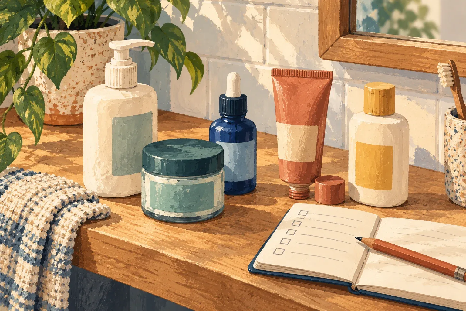 AI-generated gouache illustration of generic skin-care containers beside a notebook on a bathroom shelf.