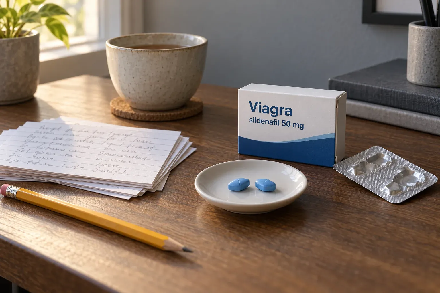 AI-generated image: handwritten notes, a pencil and a cup of tea beside a pack labelled Viagra and two tablets on a saucer