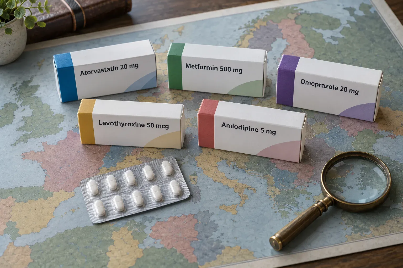 AI-generated image: boxes of common medicines and a blister strip on a map of Western Europe, with a magnifying glass