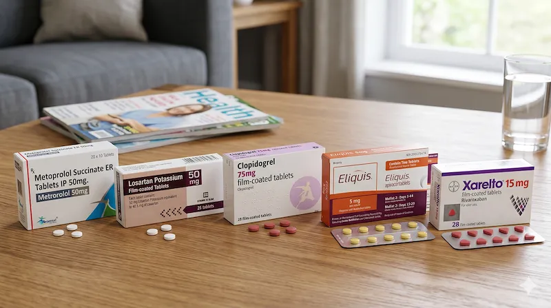 Metoprolol, Losartan, Clopidogrel, Apixaban, Rivaroxaban